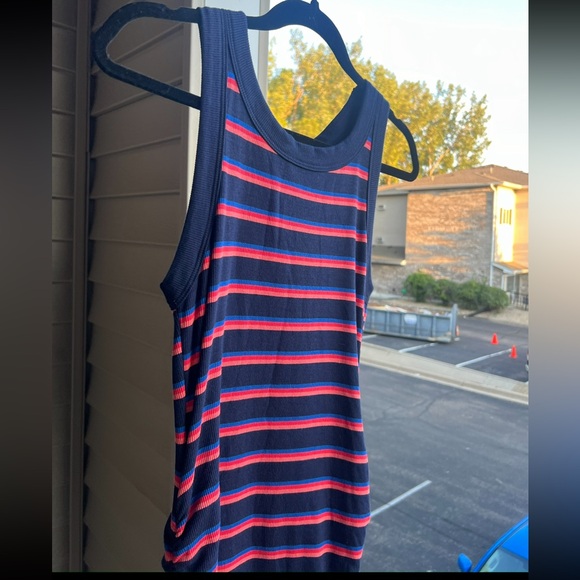 🆕 Michael Stars Navy Red Striped Tank Midi Dress Ruched Side Bodycon Size S - Picture 5 of 12